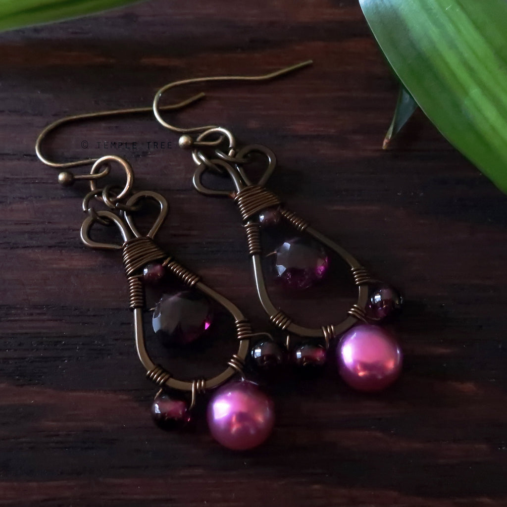 Temple Tree Pendulum Dangles in Bronze - Garnet