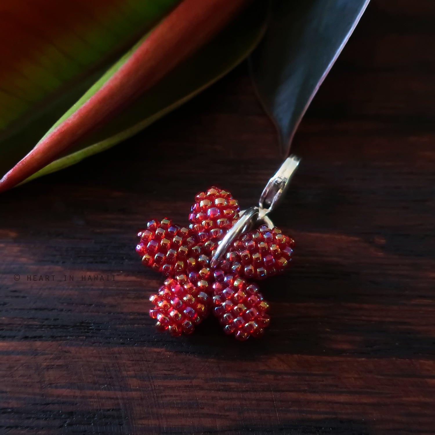 Heart in Hawaii - Tiny Beaded Plumeria Clasp Charm - Garnet Red