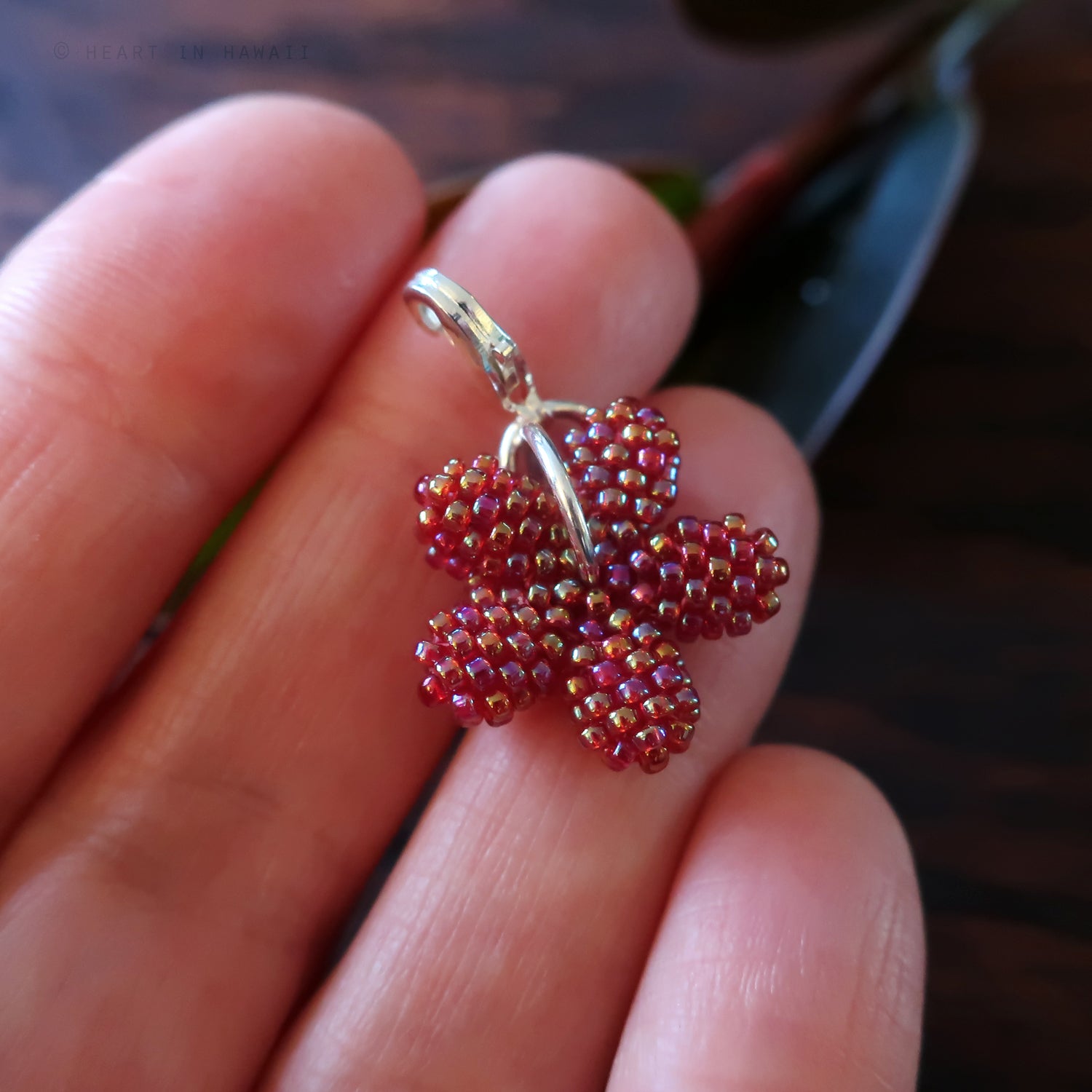 Heart in Hawaii - Tiny Beaded Plumeria Clasp Charm - Garnet Red