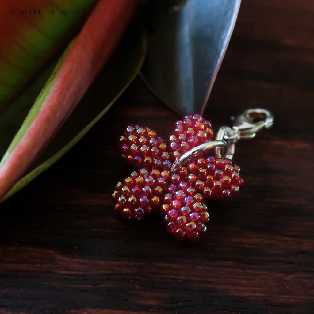 Heart in Hawaii - Tiny Beaded Plumeria Clasp Charm - Garnet Red