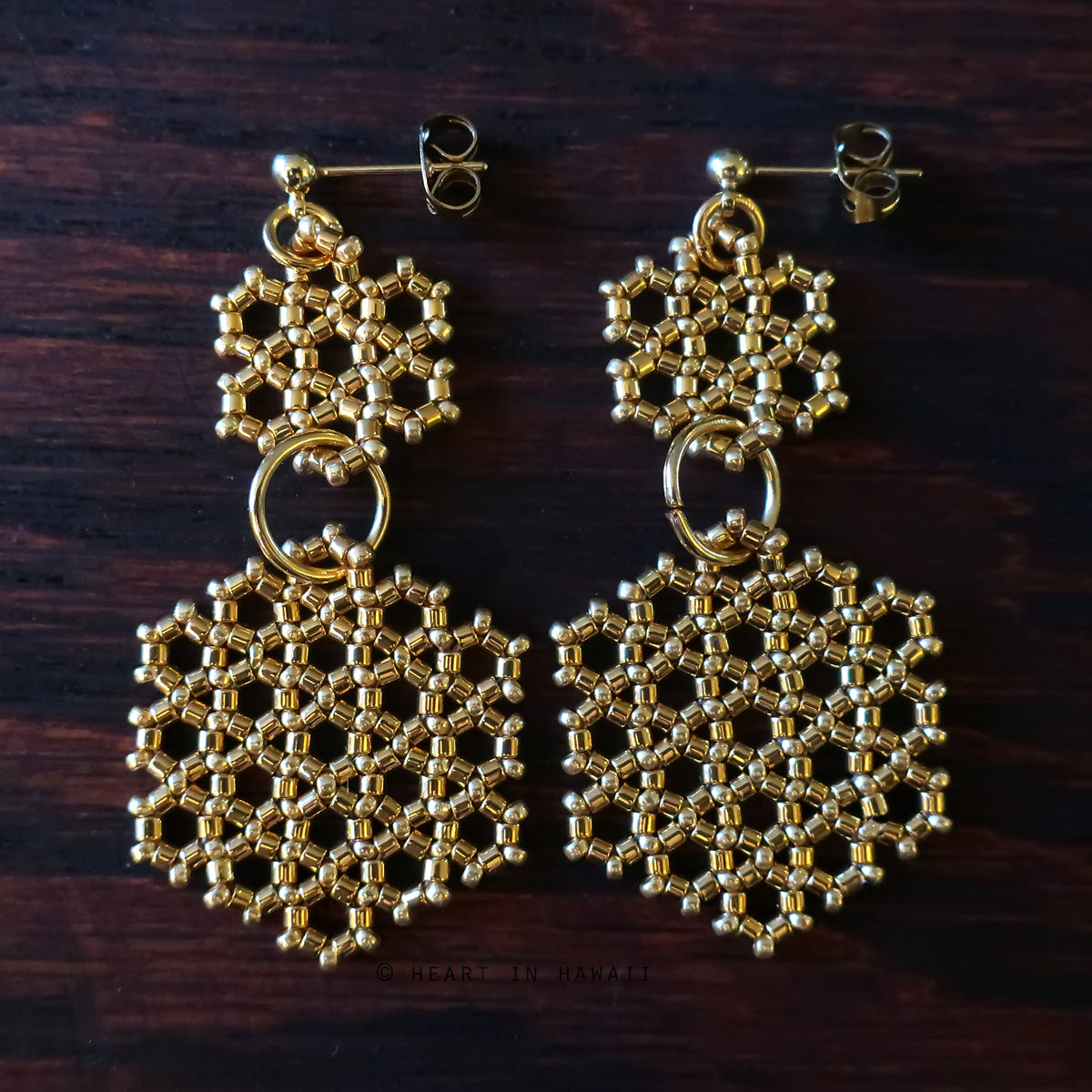 Heart in Hawaii Beaded Honeycomb Earrings - Metallic Gold