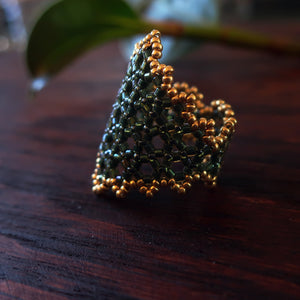 Temple Tree Hexagon Mandala Beaded Ring - Gold-Lined Green