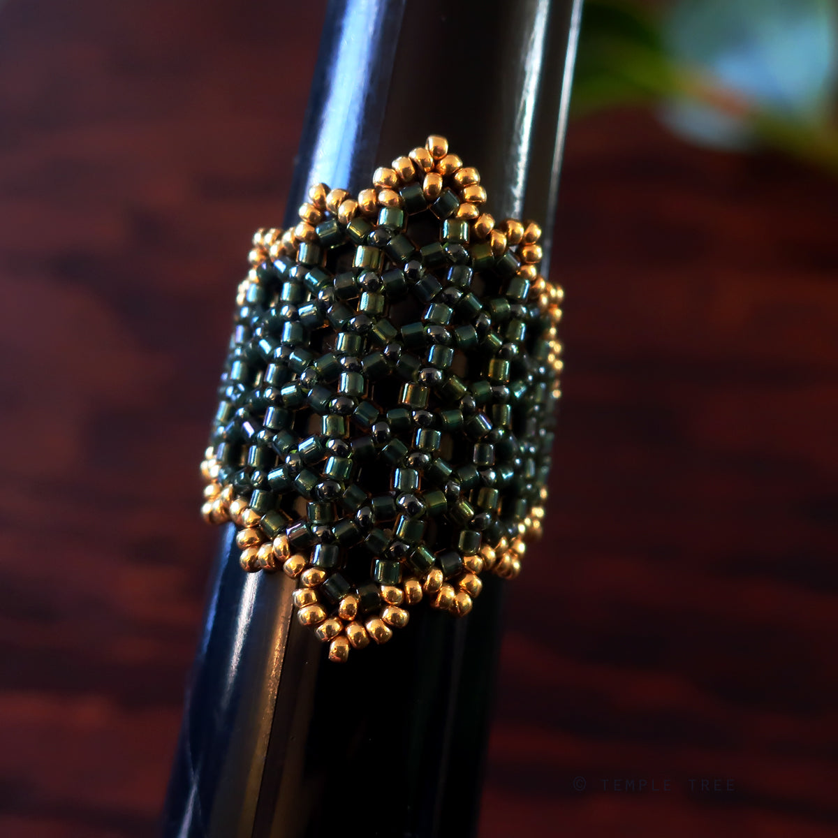 Temple Tree Hexagon Mandala Beaded Ring - Gold-Lined Green