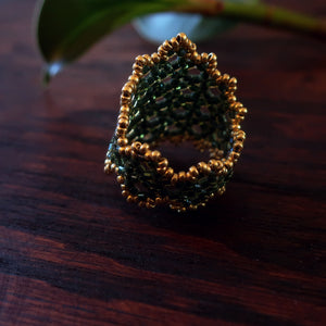 Temple Tree Hexagon Mandala Beaded Ring - Gold-Lined Green