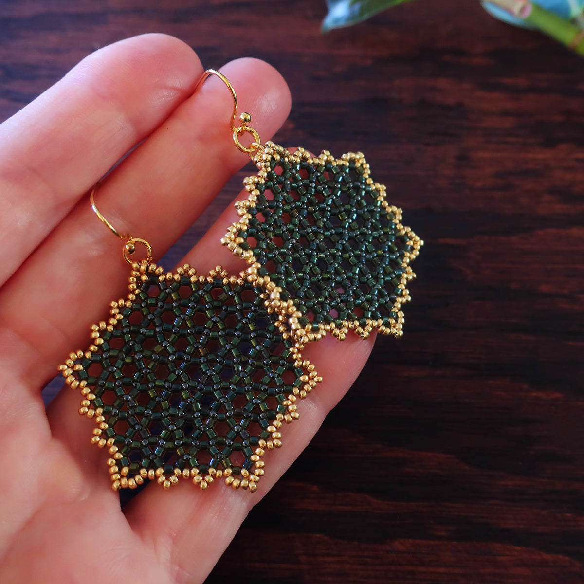 Temple Tree Hexagon Mandala Earrings - Gold-lined Green - Large