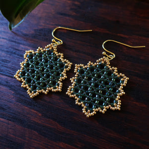 Temple Tree Hexagon Mandala Earrings - Gold-lined Green - Medium
