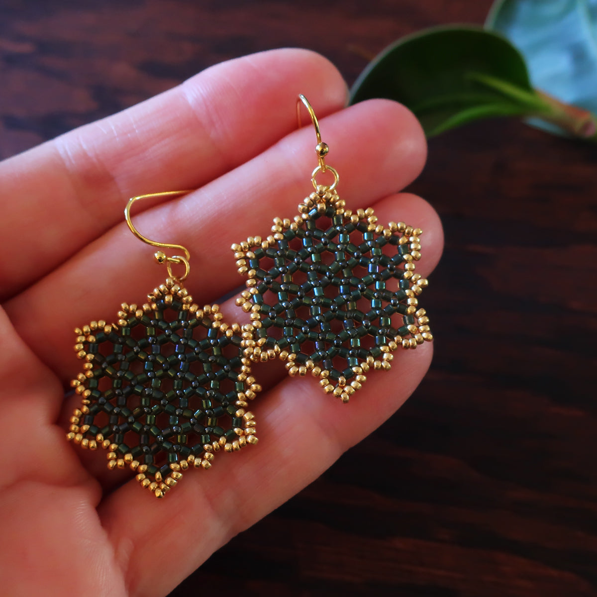 Temple Tree Hexagon Mandala Earrings - Gold-lined Green - Medium