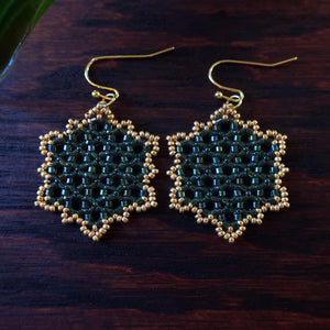 Temple Tree Hexagon Mandala Earrings - Gold-lined Green - Medium