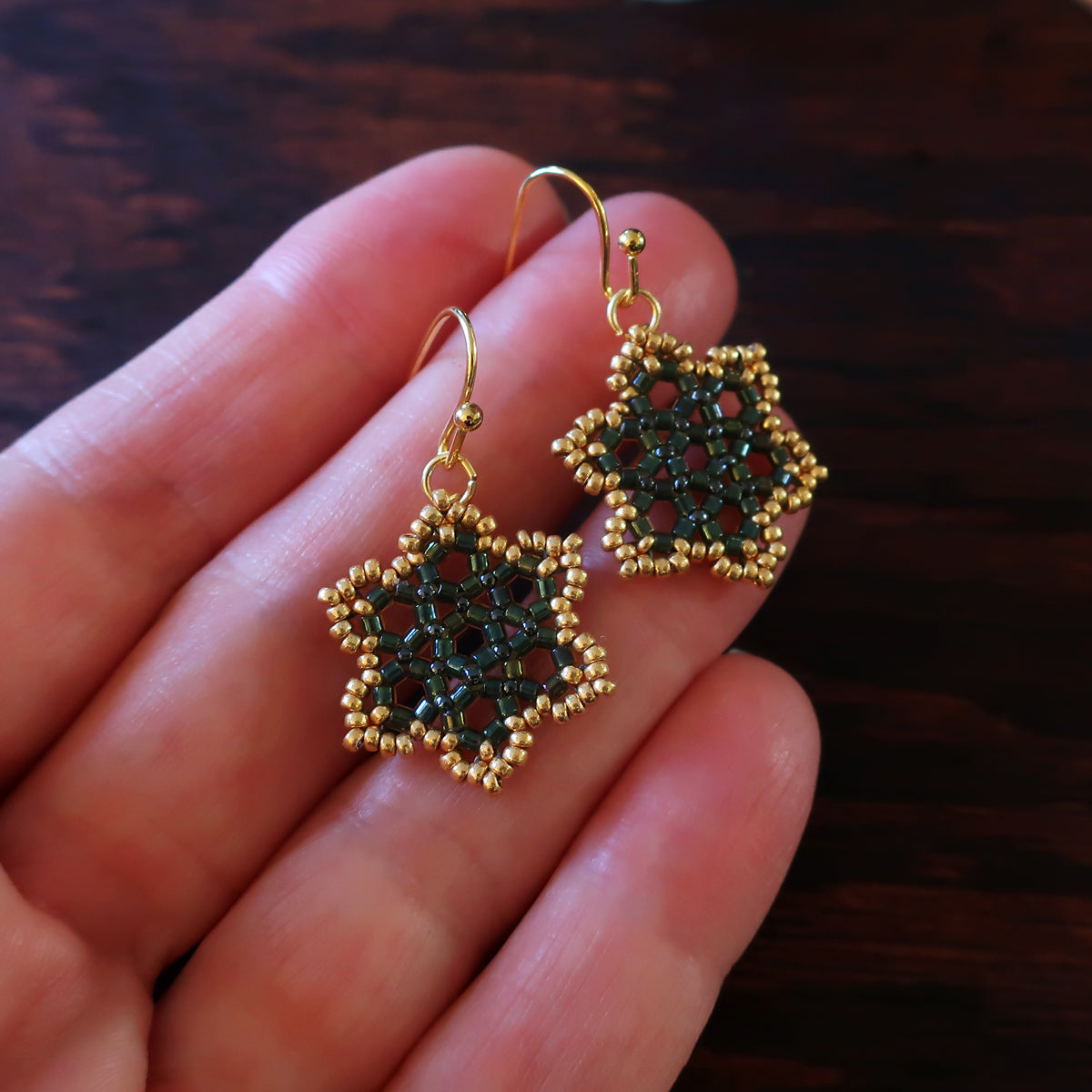 Temple Tree Hexagon Mandala Earrings - Gold-Lined Green - Tiny