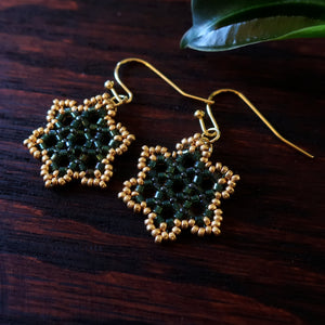 Temple Tree Hexagon Mandala Earrings - Gold-Lined Green - Tiny