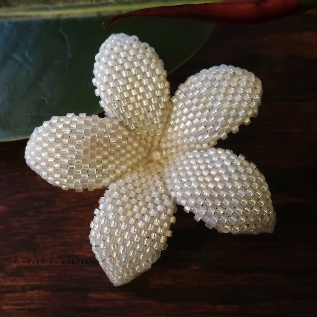 Heart in Hawaii 2 Inch Beaded Plumeria Flower Brooch - White Satin