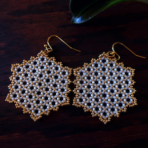 Temple Tree Hexagon Mandala Earrings - Gold-lined White - Large