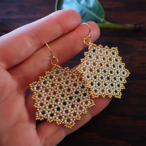 Temple Tree Hexagon Mandala Earrings - Gold-lined White - Large