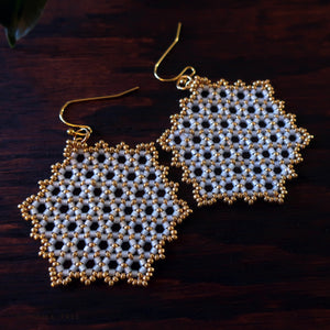 Temple Tree Hexagon Mandala Earrings - Gold-lined White - Large