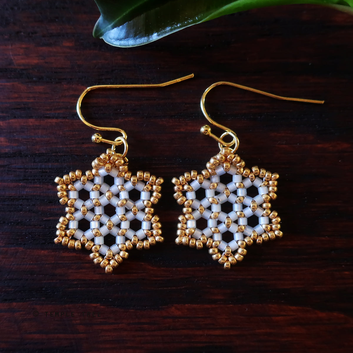 Temple Tree Hexagon Mandala Earrings - Gold-Lined White - Tiny