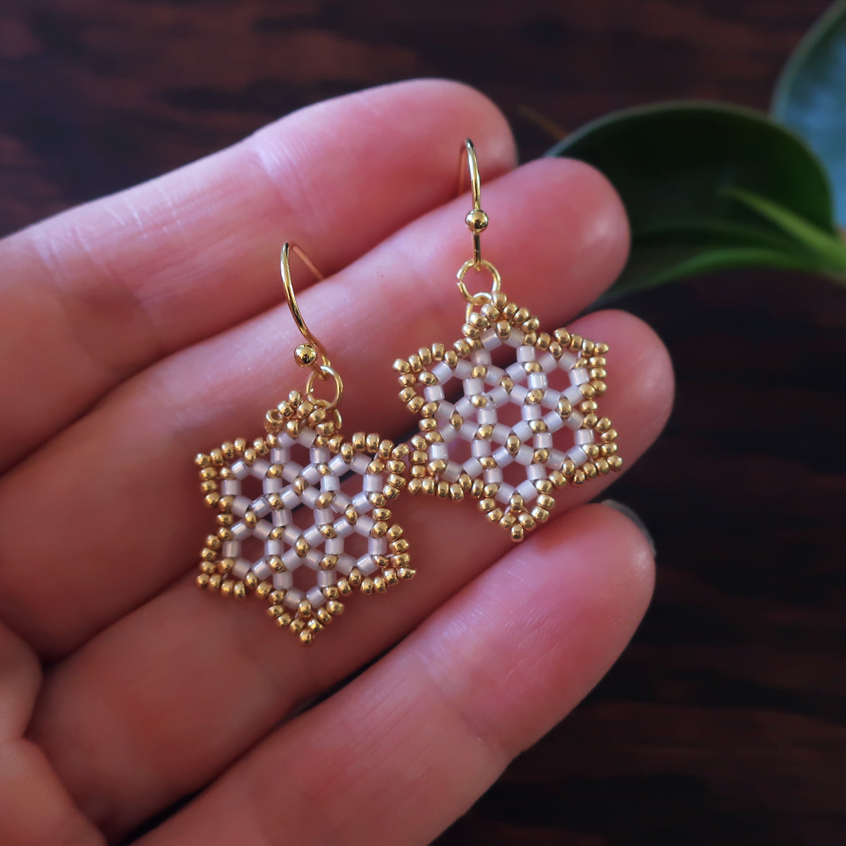 Temple Tree Hexagon Mandala Earrings - Gold-Lined White - Tiny