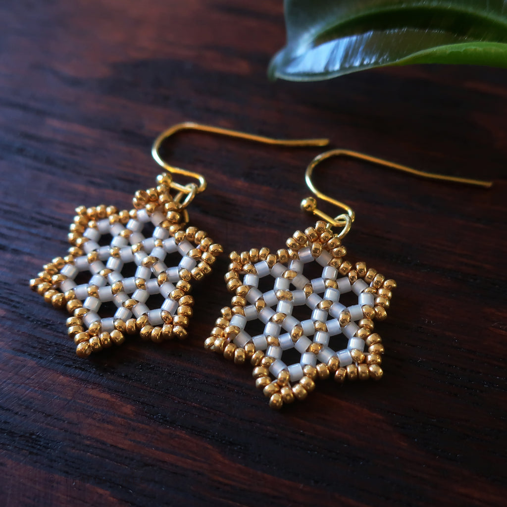 Temple Tree Hexagon Mandala Earrings - Gold-Lined White - Tiny