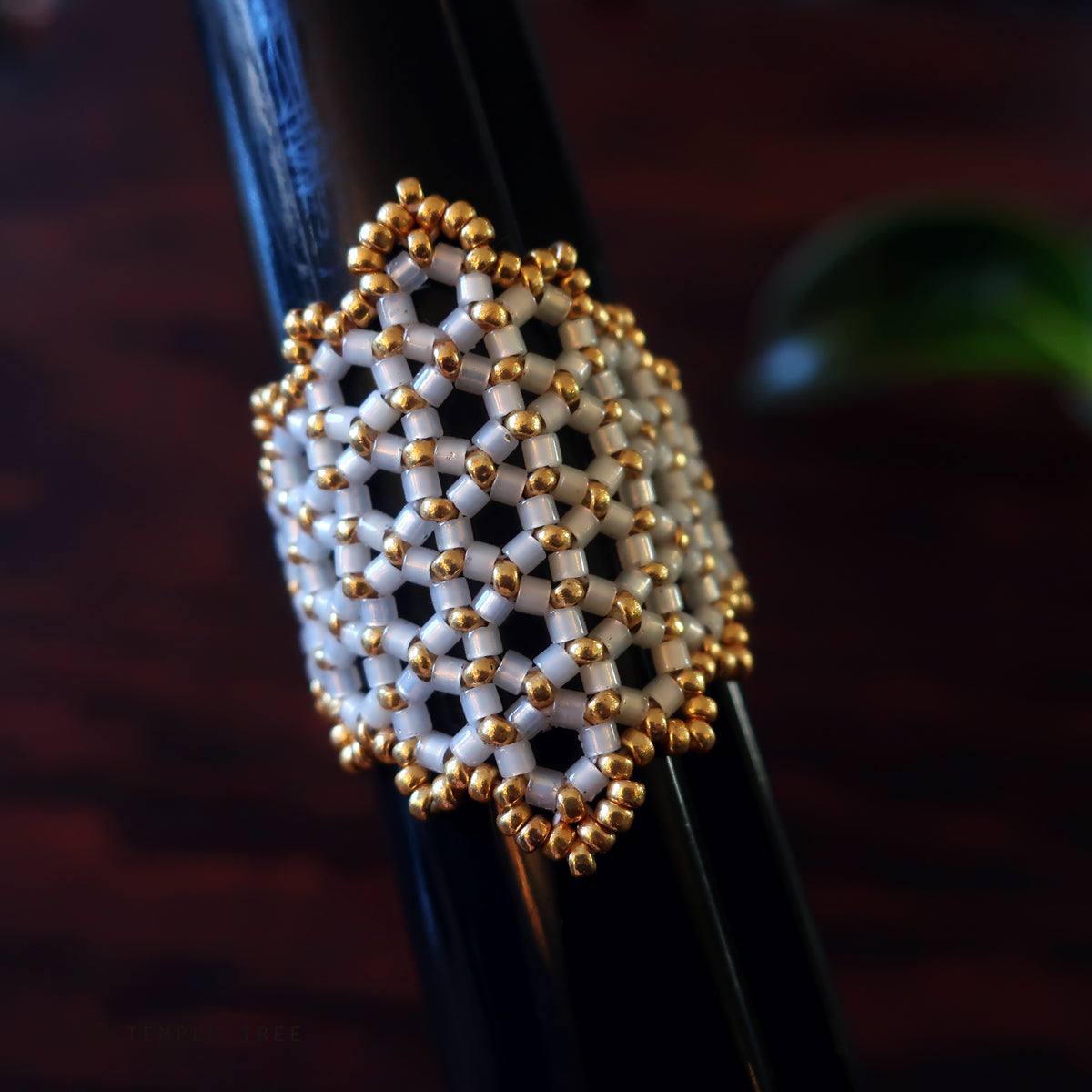 Temple Tree Hexagon Mandala Beaded Ring - Gold-Lined White