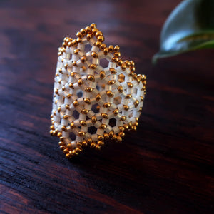 Temple Tree Hexagon Mandala Beaded Ring - Gold-Lined White