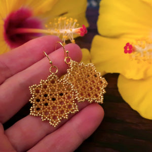 Temple Tree Hexagon Mandala Earrings - Gold-Lined Mango - Medium