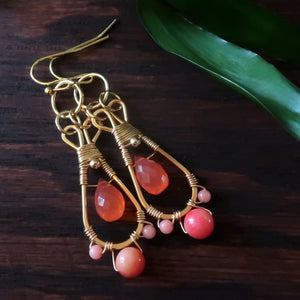 Temple Tree Pendulum Dangle Earrings in Gold-tone - Guava Chalcedony