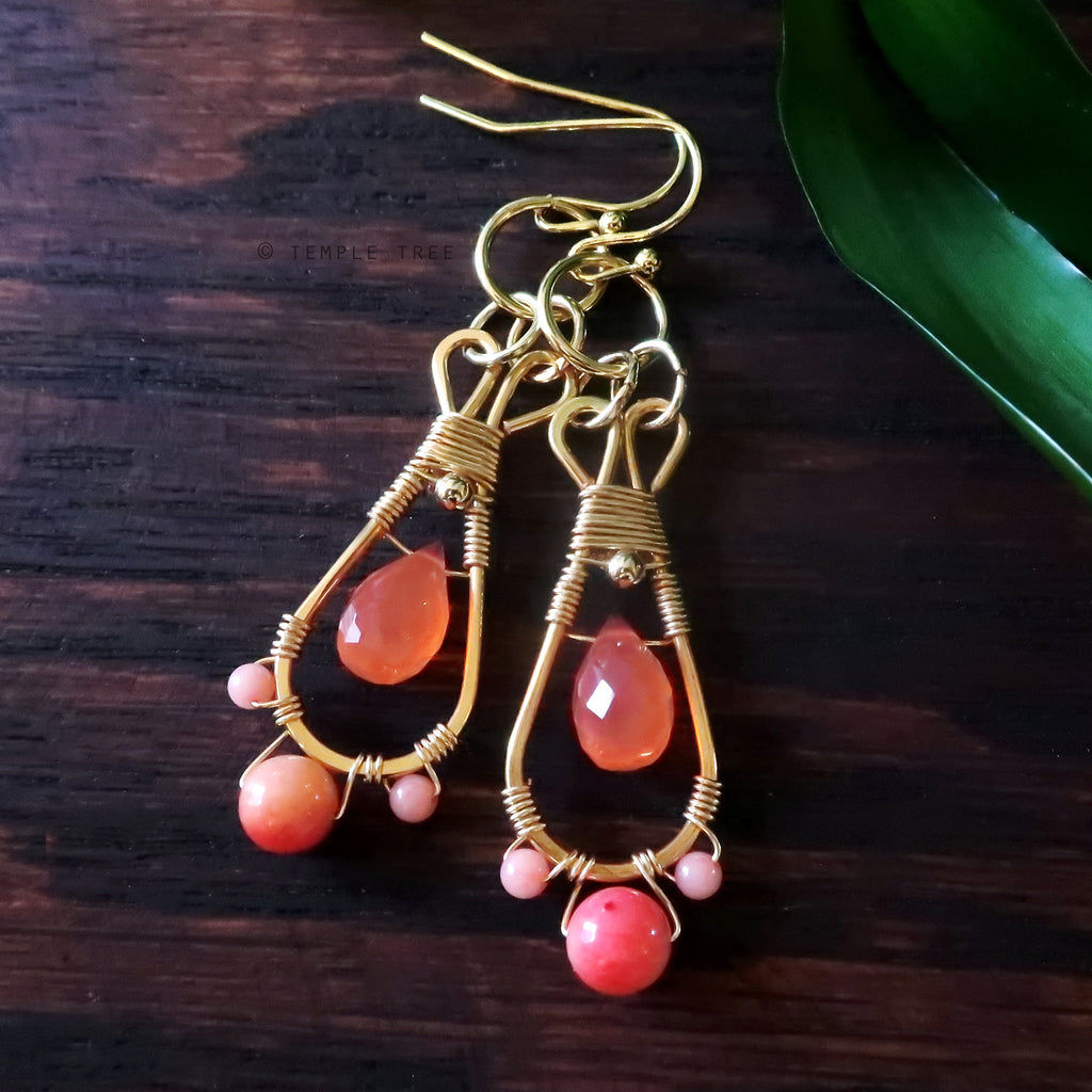 Temple Tree Pendulum Dangle Earrings in Gold-tone - Guava Chalcedony