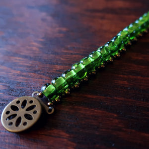 Temple Tree Boho Glass Bead Caterpillar Weave Bracelet - Green and Bronze