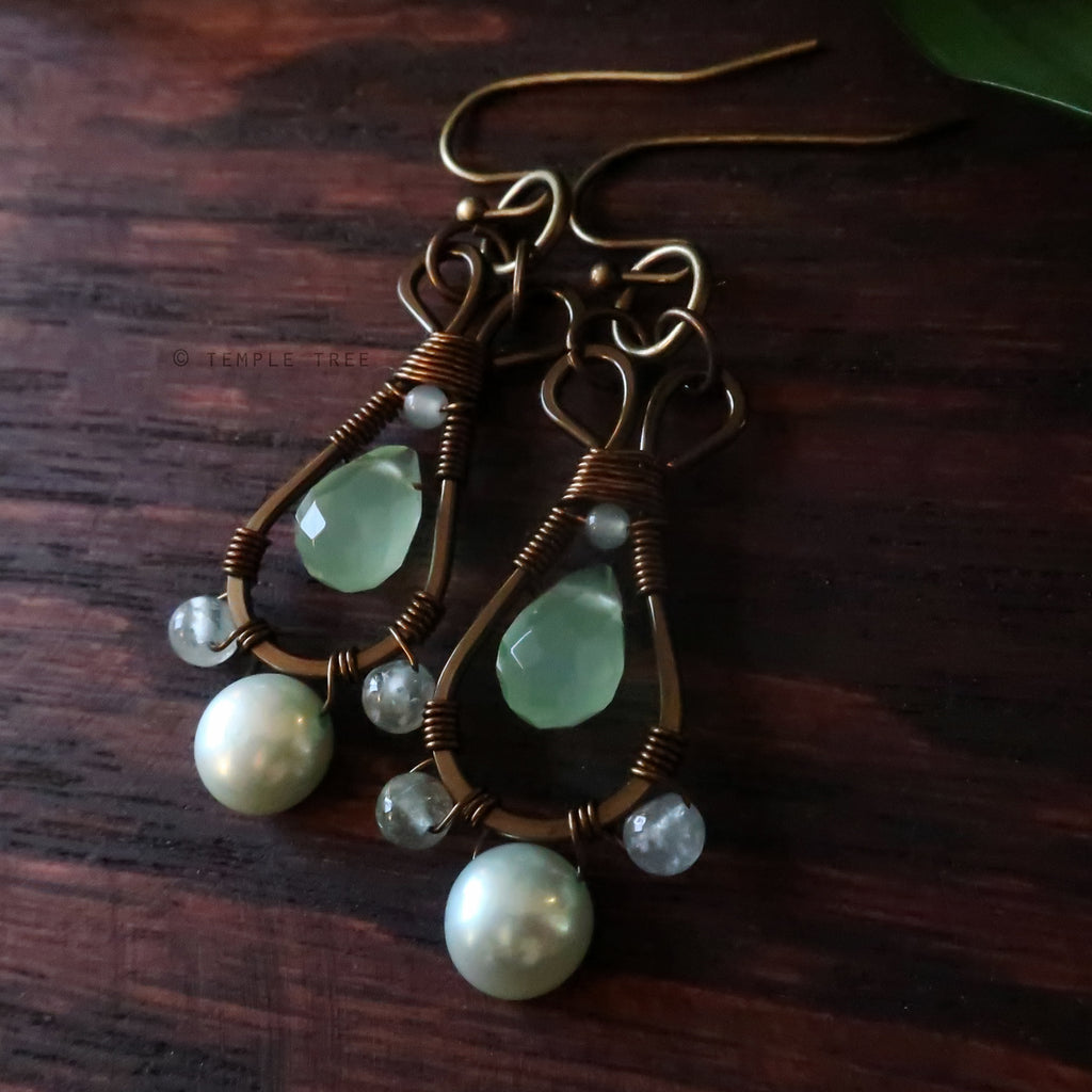 Temple Tree Pendulum Dangle Earrings in Bronze - Mint