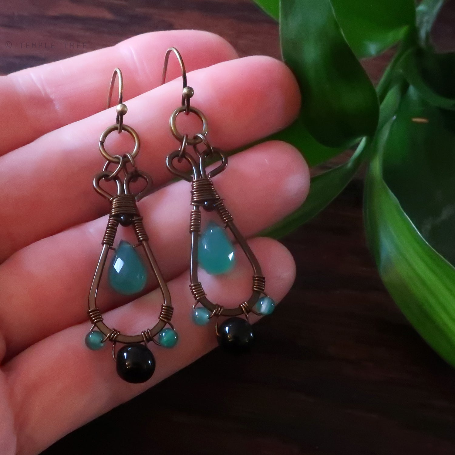 Temple Tree Pendulum Dangle Earrings in Bronze - Green Onyx