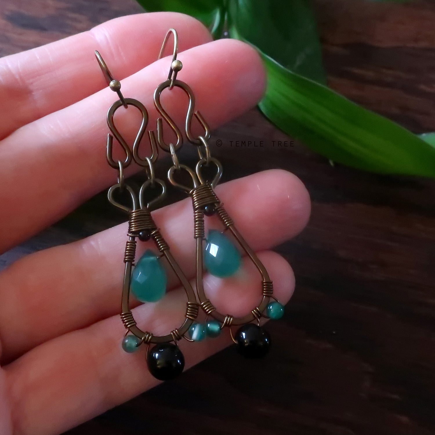 Temple Tree Pendulum Dangle Earrings in Bronze - Green Onyx