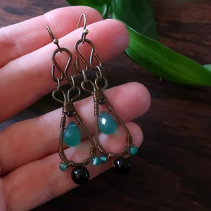 Temple Tree Pendulum Dangle Earrings in Bronze - Green Onyx