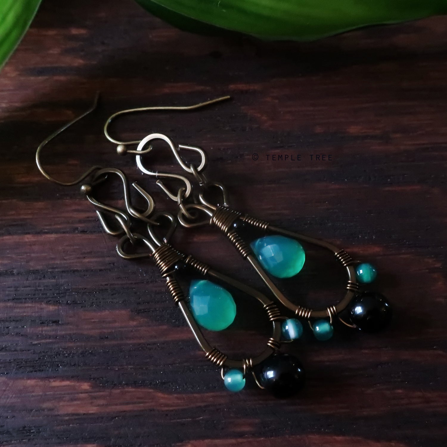 Temple Tree Pendulum Dangle Earrings in Bronze - Green Onyx
