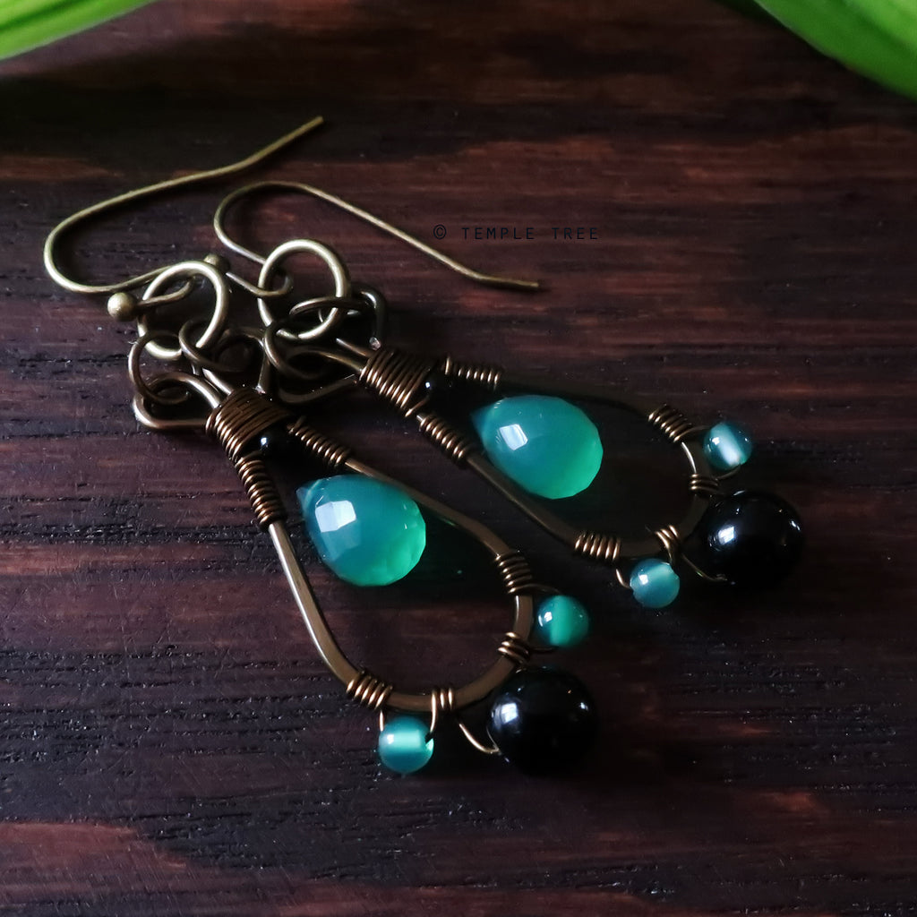 Temple Tree Pendulum Dangle Earrings in Bronze - Green Onyx