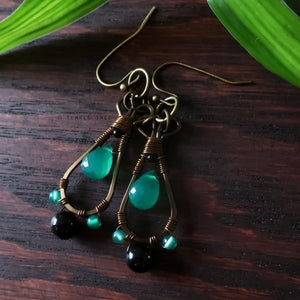 Temple Tree Pendulum Dangle Earrings in Bronze - Green Onyx