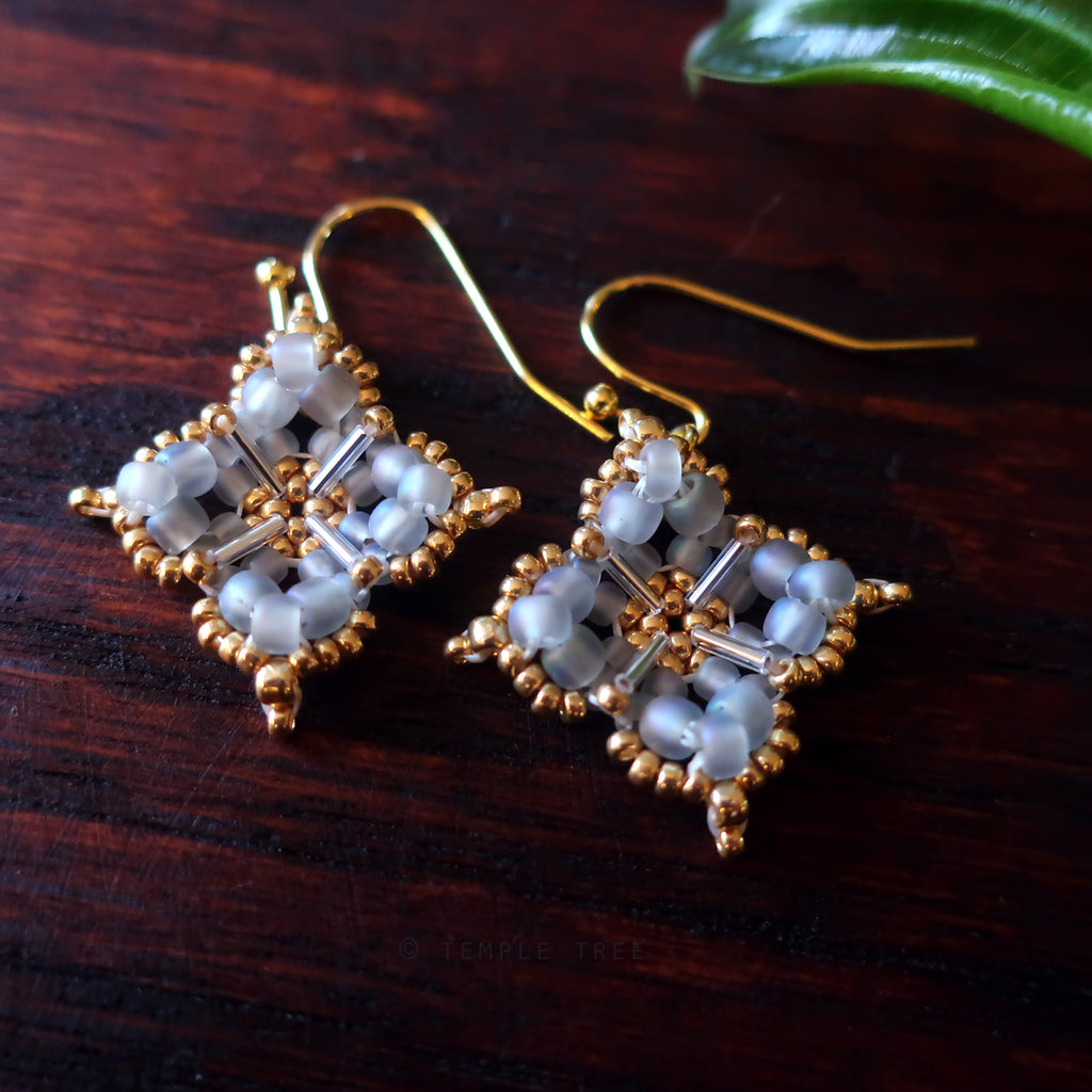 Temple Tree Quatrefoil Mandala Beaded Earrings - Matte Grey and Gold