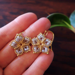 Temple Tree Mandala Flower Beaded Earrings - Matte Grey and Gold