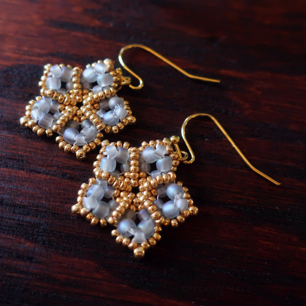 Temple Tree Mandala Flower Beaded Earrings - Matte Grey and Gold