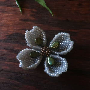 Heart in Hawaii Beaded Dogwood Quatrefoil Brooch - Grey with Green