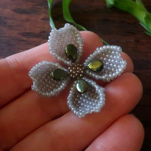Heart in Hawaii Beaded Dogwood Quatrefoil Brooch - Grey with Green
