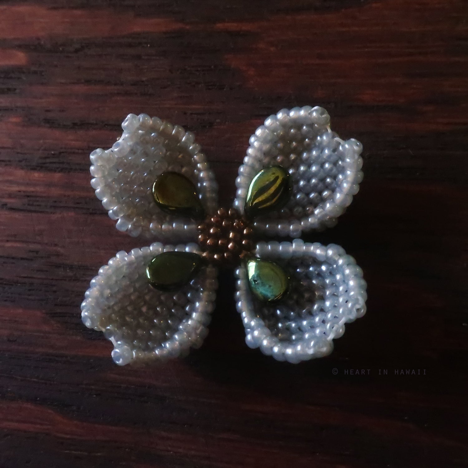 Heart in Hawaii Beaded Dogwood Quatrefoil Brooch - Grey with Green