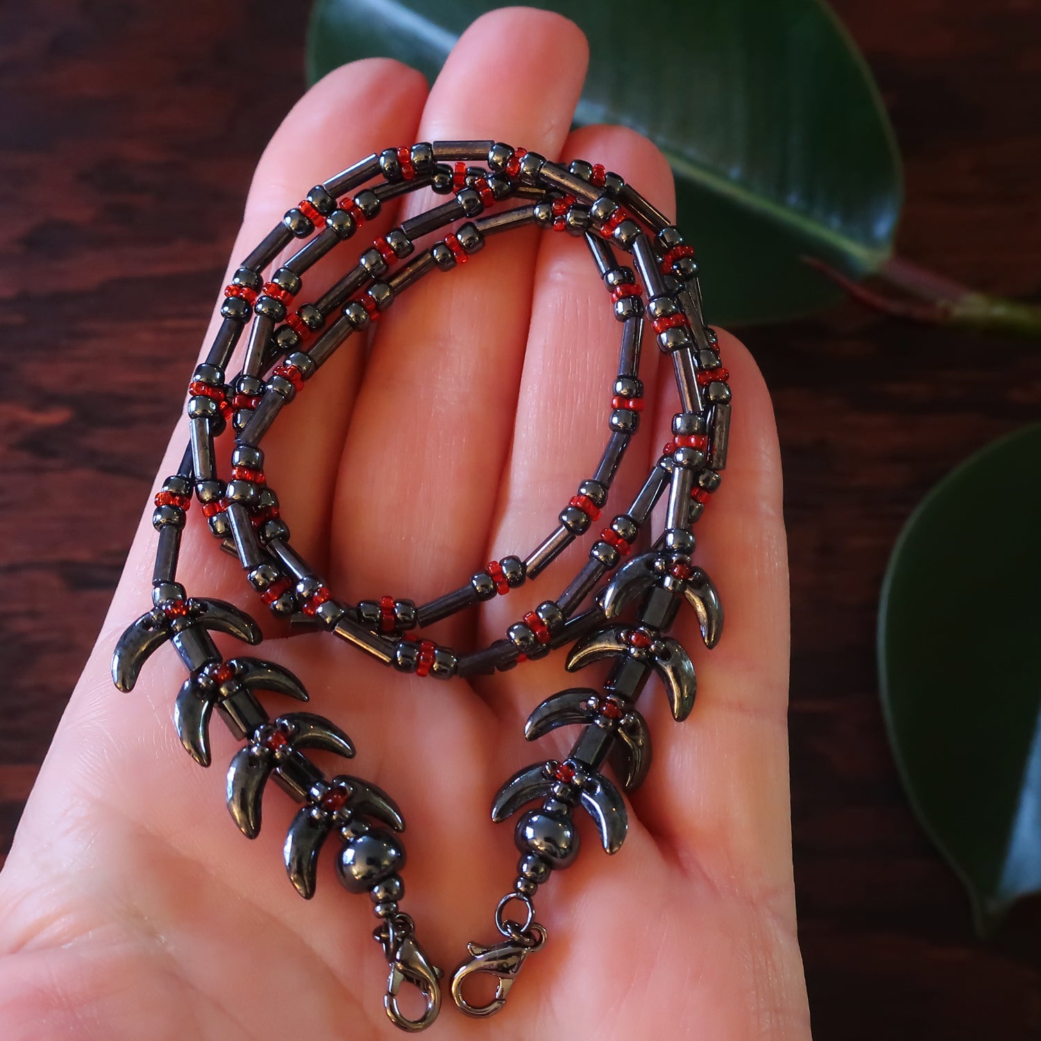 Temple Vine Beadwoven Mask Lanyard by Temple Tree - Grey and Red