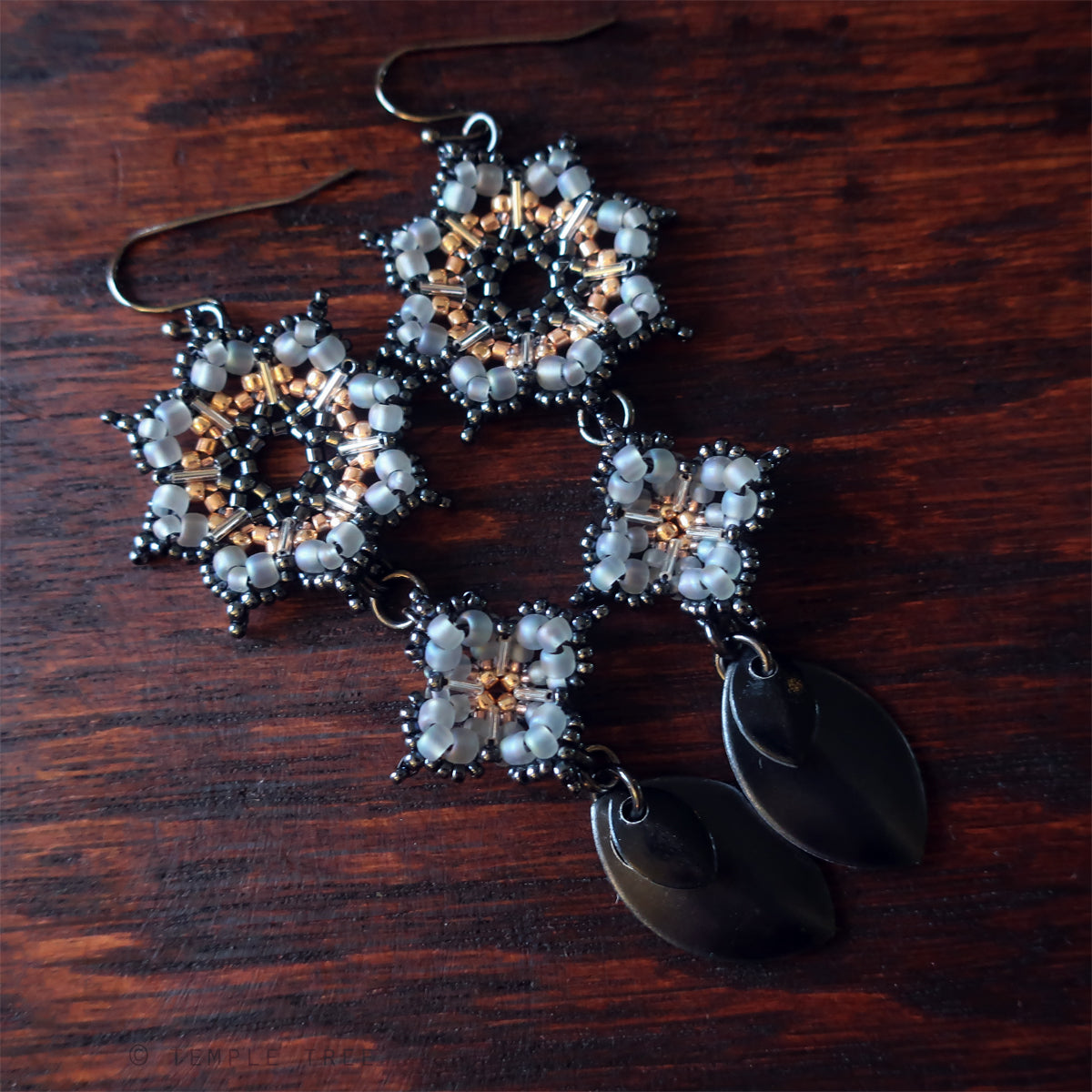 Temple Tree Dharma Wheel Earrings with Quatrefoils - Grey and Rose Gold