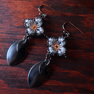 Temple Tree Grey Quatrefoil Mandala Earrings with Black Dangles