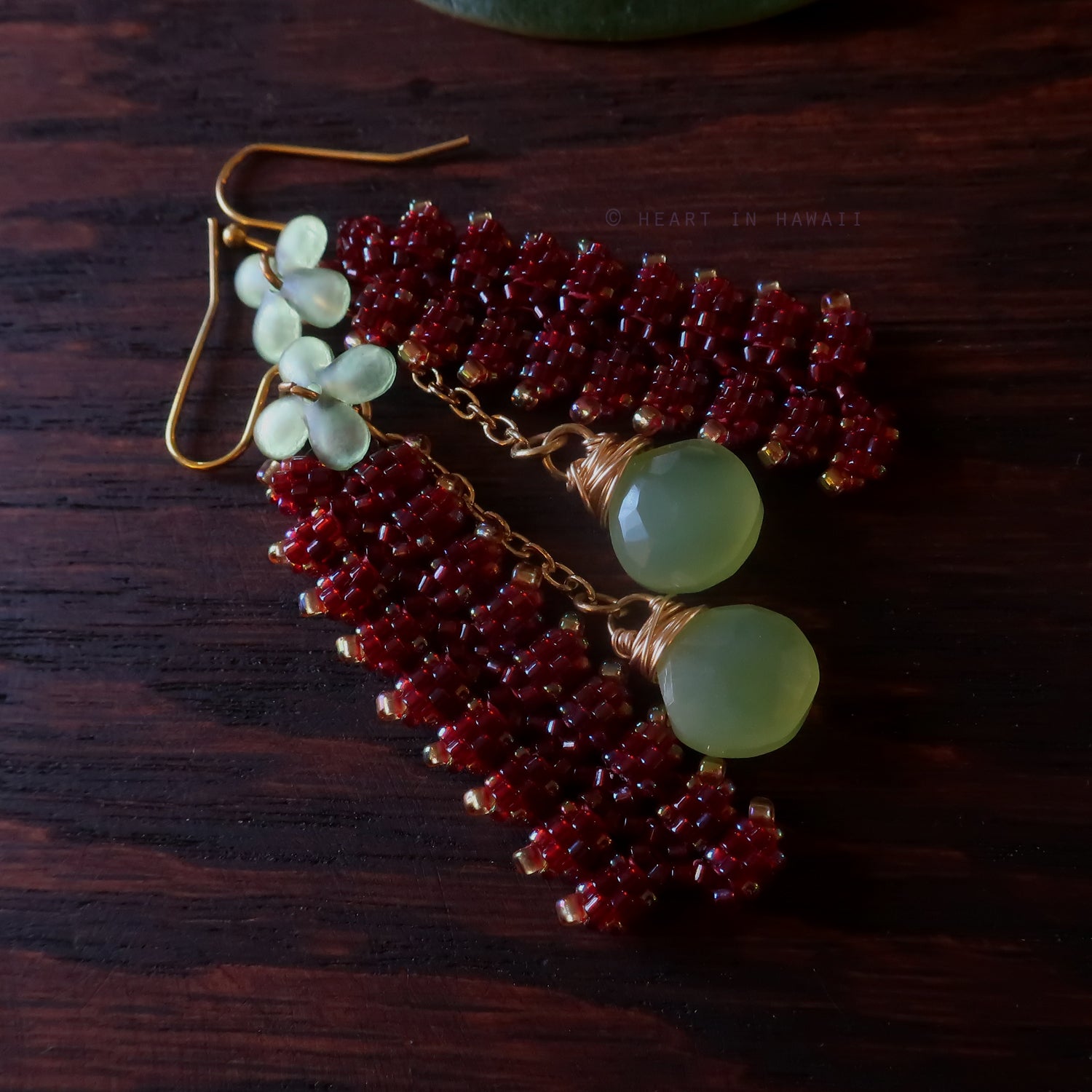 Heart in Hawaii Extra Long Beaded Heliconia Earrings with Chalcedony