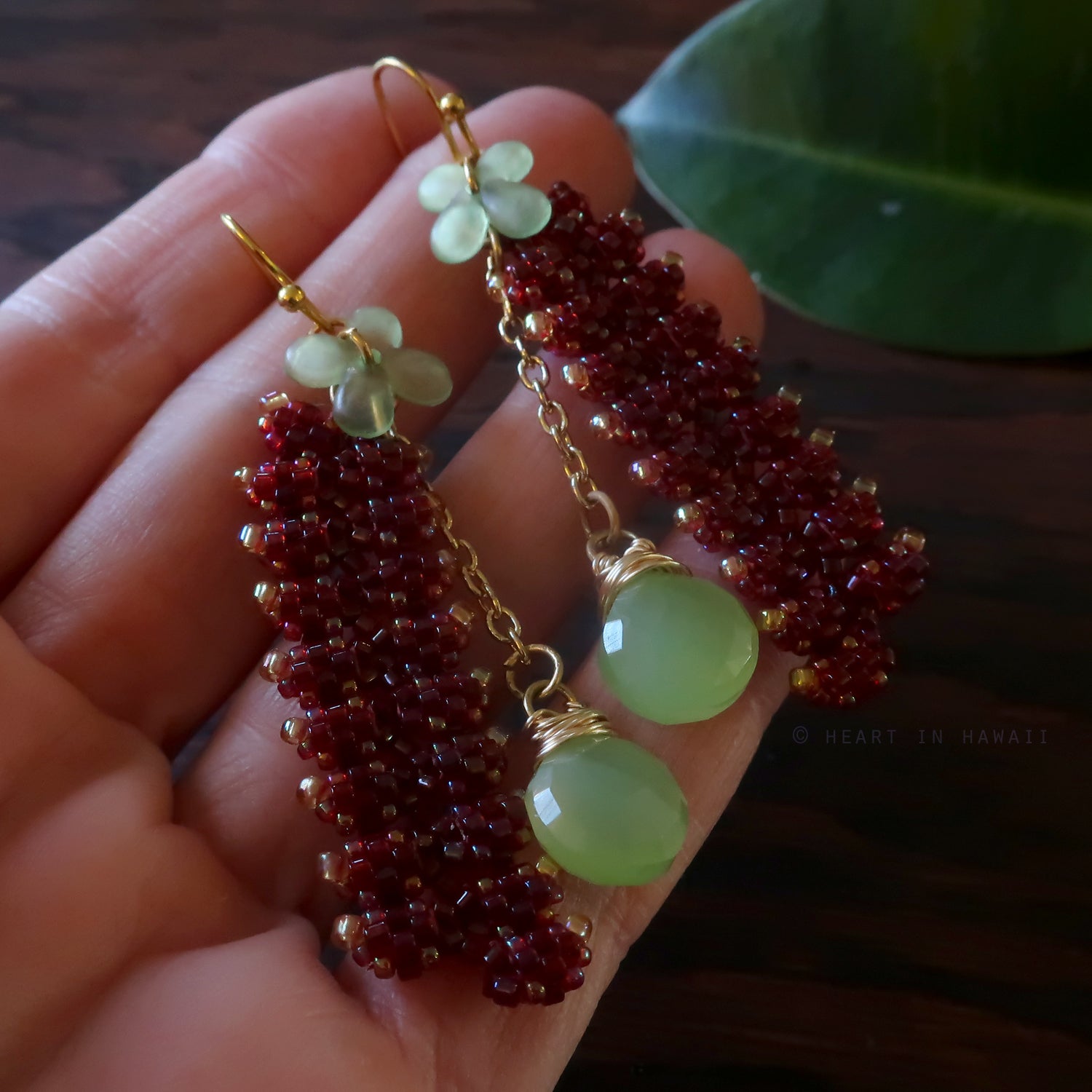 Heart in Hawaii Extra Long Beaded Heliconia Earrings with Chalcedony
