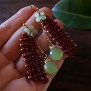 Heart in Hawaii Extra Long Beaded Heliconia Earrings with Chalcedony