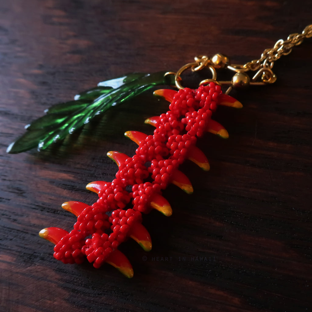 Heart in Hawaii Heliconia Rostrata Beaded Necklace - Bright Red