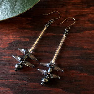 Temple Dragons Beadwoven Dragonfly Earrings by Temple Tree - Grey and Crystal
