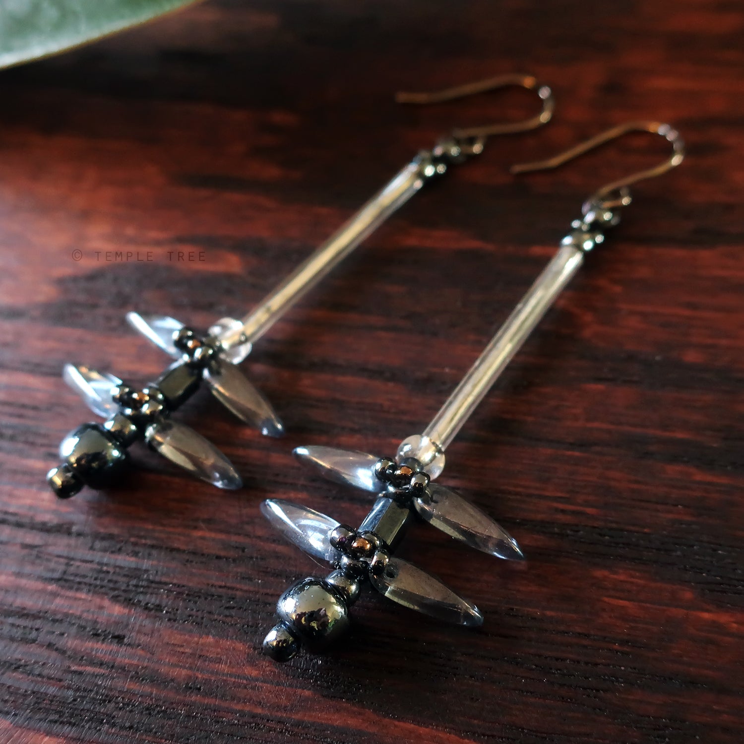 Temple Dragons Beadwoven Dragonfly Earrings by Temple Tree - Grey and Crystal