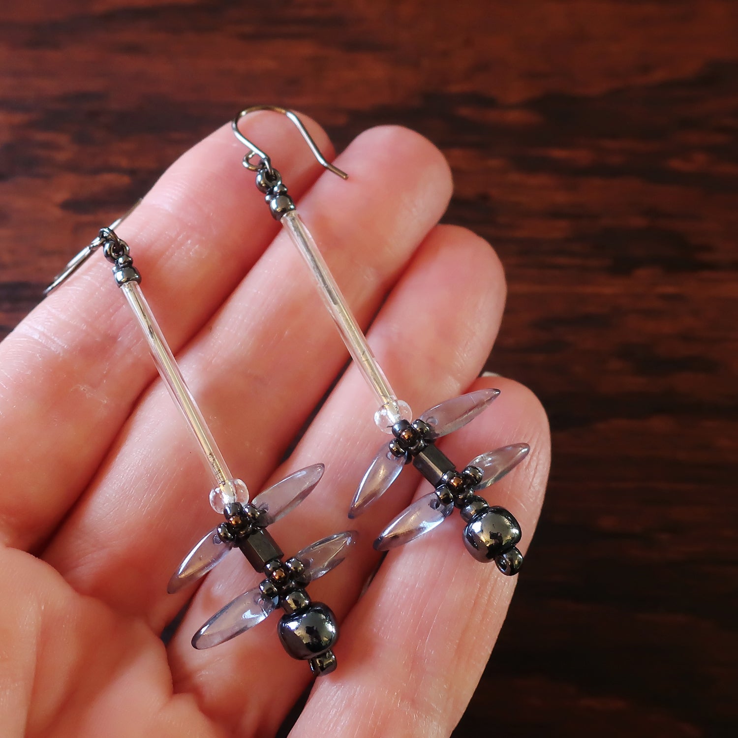 Temple Dragons Beadwoven Dragonfly Earrings by Temple Tree - Grey and Crystal